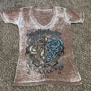 Affliction brown distressed tee medium v-neck made in USA skater Y2K mcbling